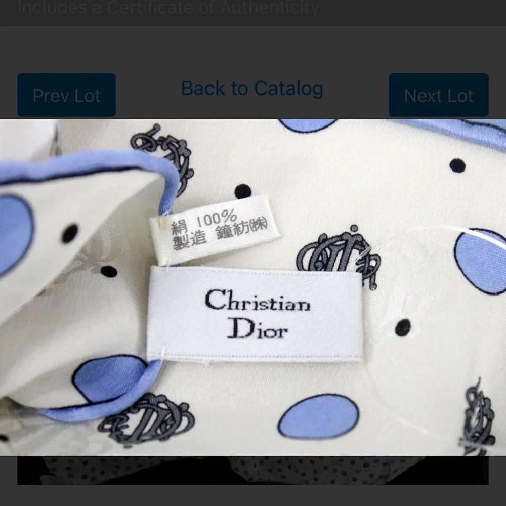 Authentic Dior White and Light Blue Polka Dot Silk Scarf with Black Emblem